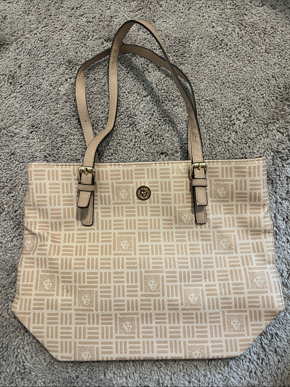 Anne Klein Beige Patterned Tote Bag with Gold Accent